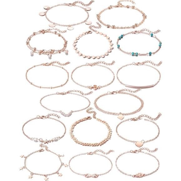 16Pcs Ankle Bracelets Women Girls Rose Gold Two Style Chain Beach Anklet - Picture 1 of 7